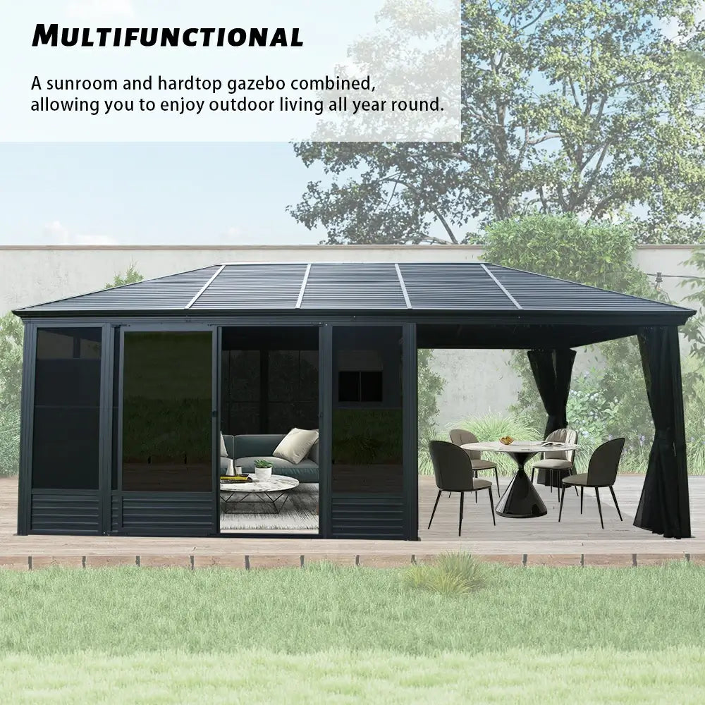 11'×21' Hardtop Sunroom & Gazebo - Front and Side Doors