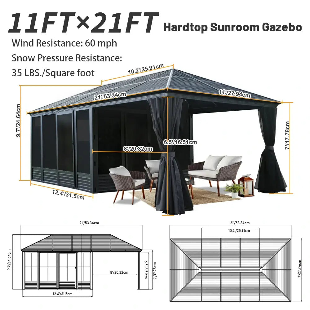 11'×21' Hardtop Sunroom & Gazebo - Front and Side Doors