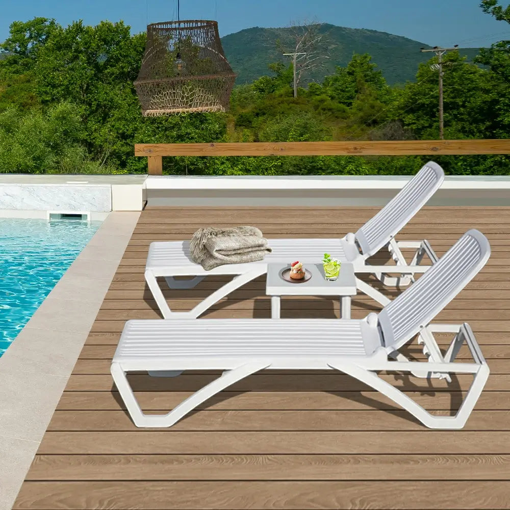 Domi White Plastic Patio Chaise Lounge Set#Set Option_2 Chairs and 1 Table