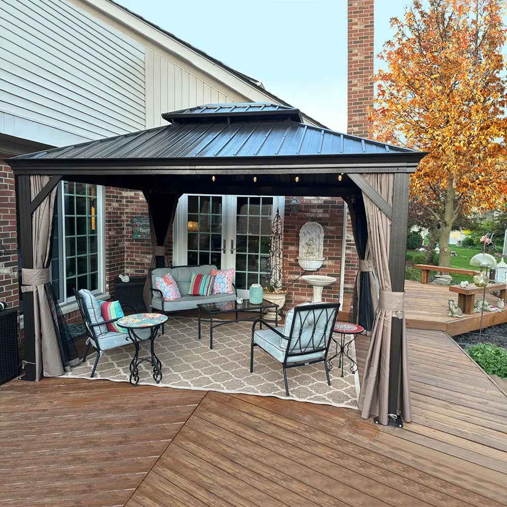 Domi Outdoor Double Canopy Hardtop Gazebo, Brown Aluminum