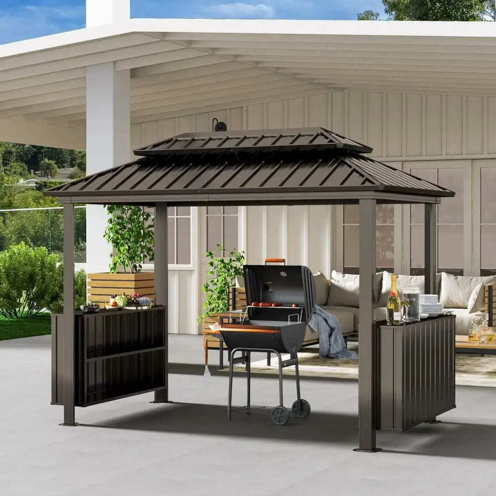 Domi Outdoor Living Hardtop Grill Gazebo with 2 Storage Cabinets#color_Brown