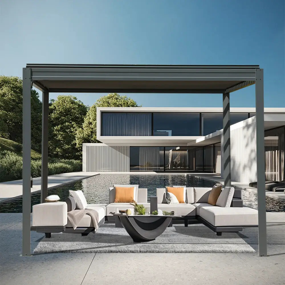 domi louvered pergola metal wood-looking#size_10'x10'