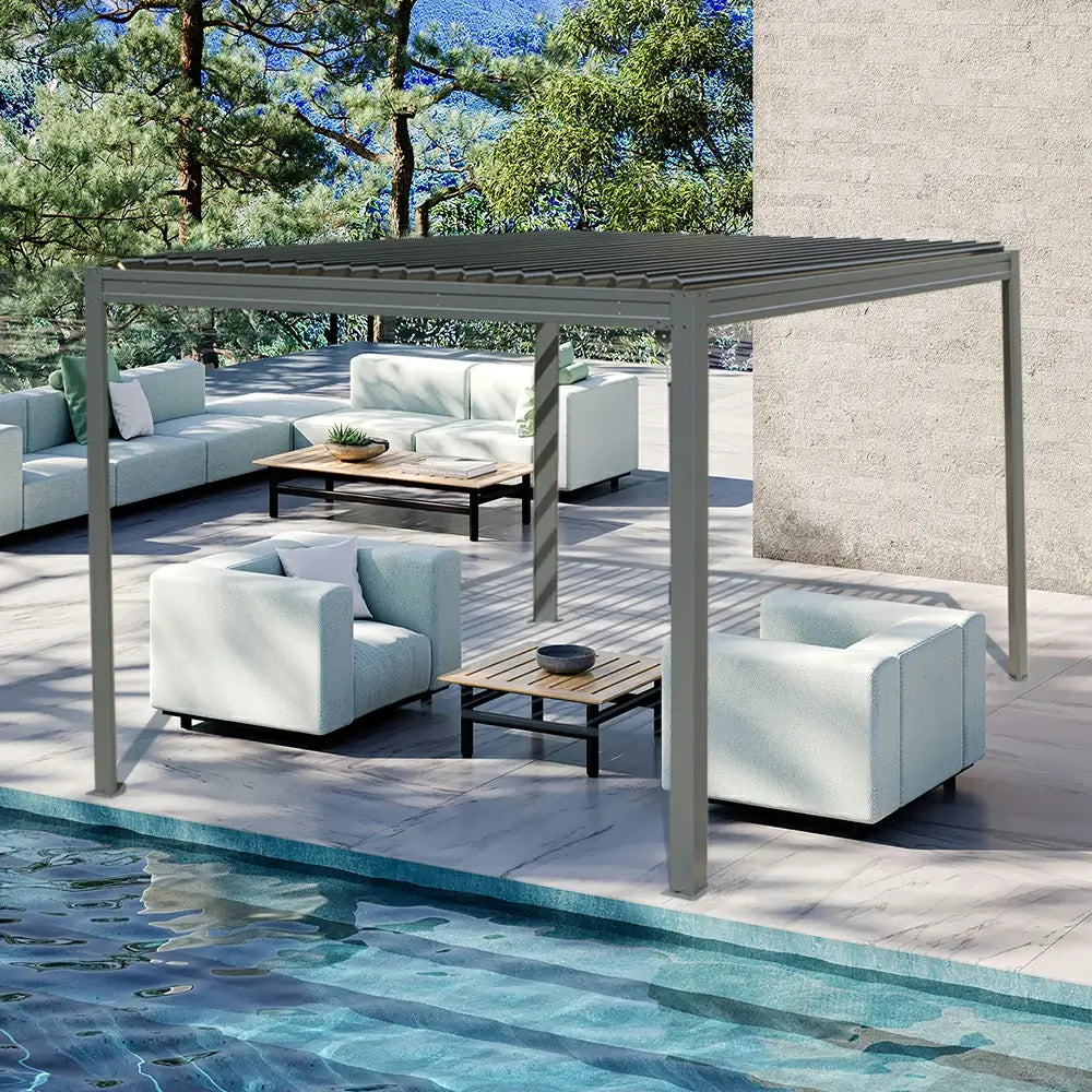 domi louvered pergola metal wood-looking#size_10'x10'