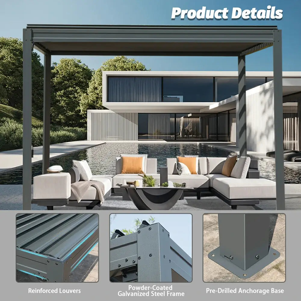 domi louvered pergola metal wood-looking#size_10'x10'