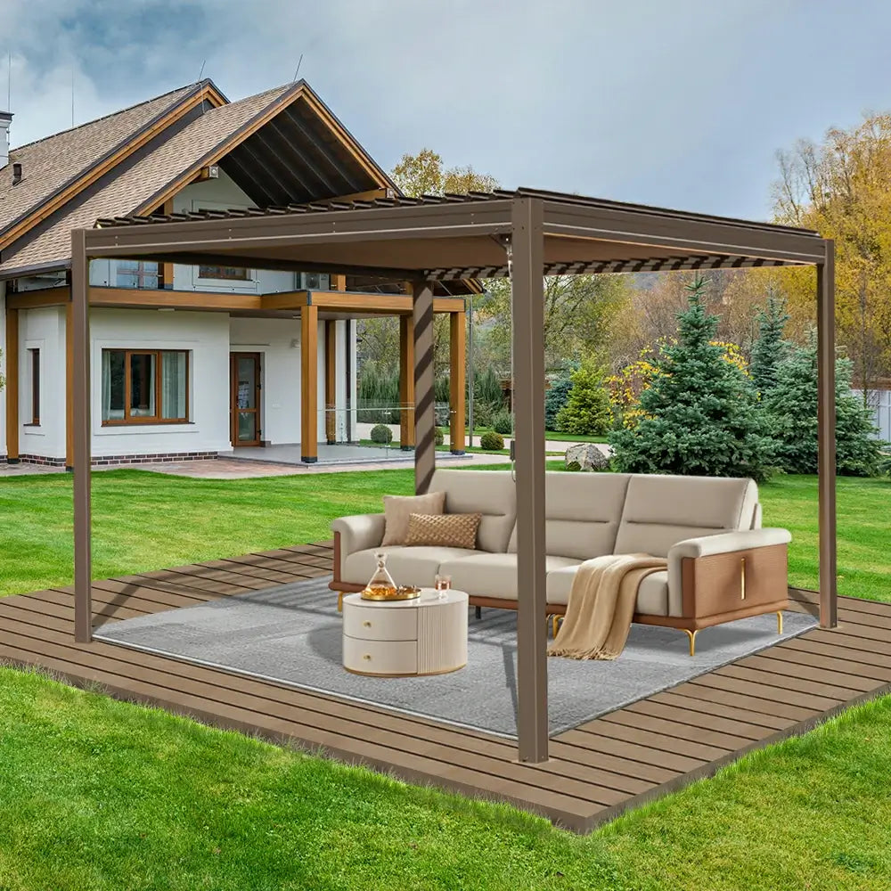 domi louvered pergola metal wood-looking#size_10'x10'