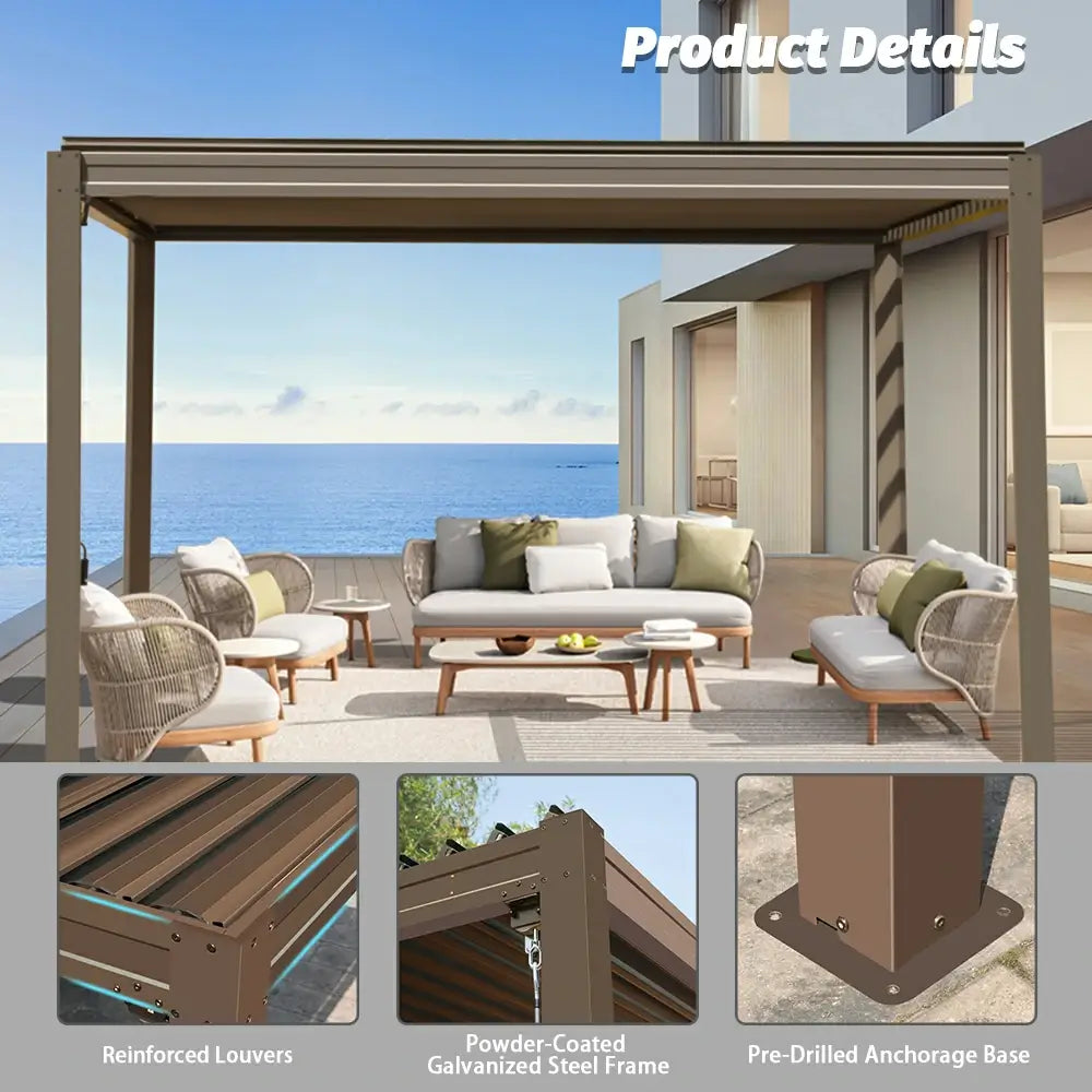 domi louvered pergola metal wood-looking#size_10'x10'
