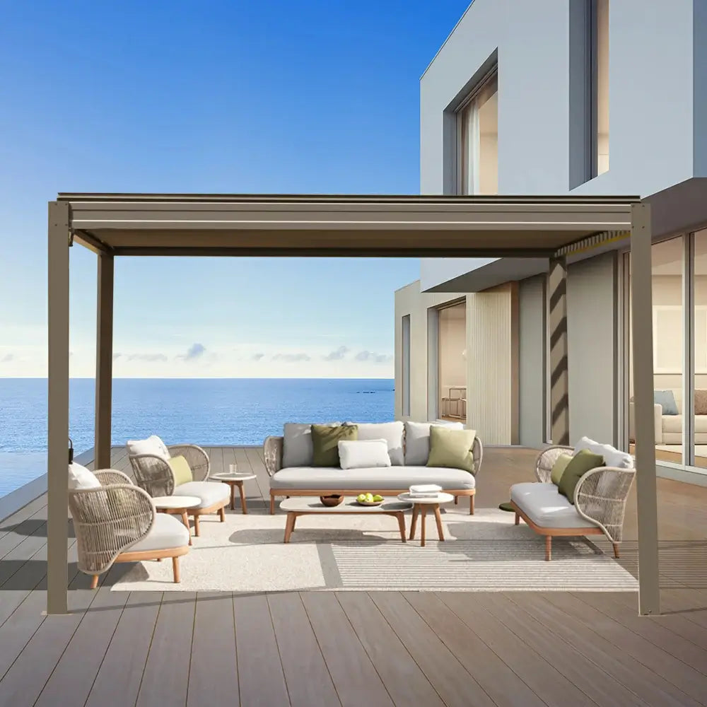 domi louvered pergola metal wood-looking#size_10'x10'