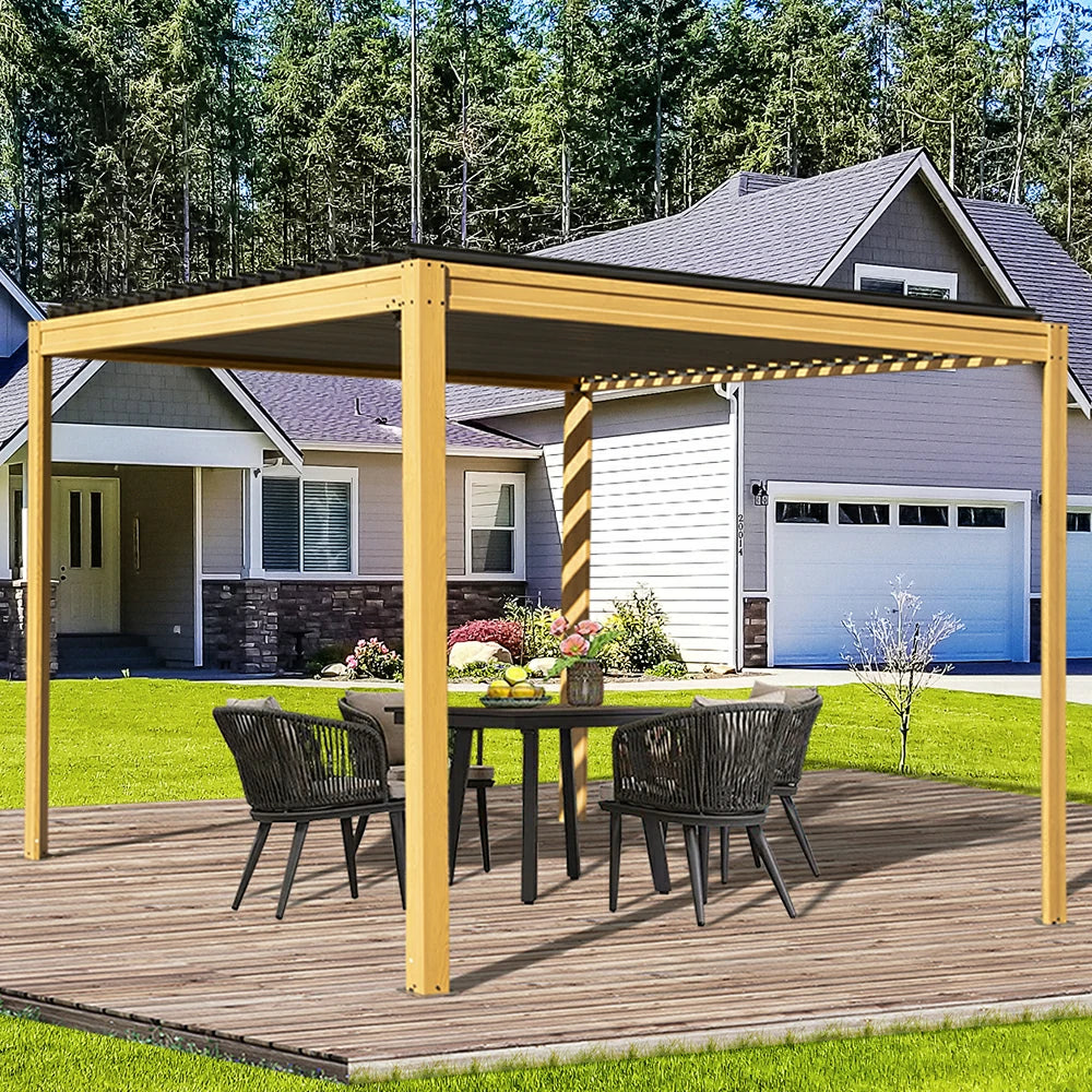 domi louvered pergola metal wood-looking#size_10'x10'