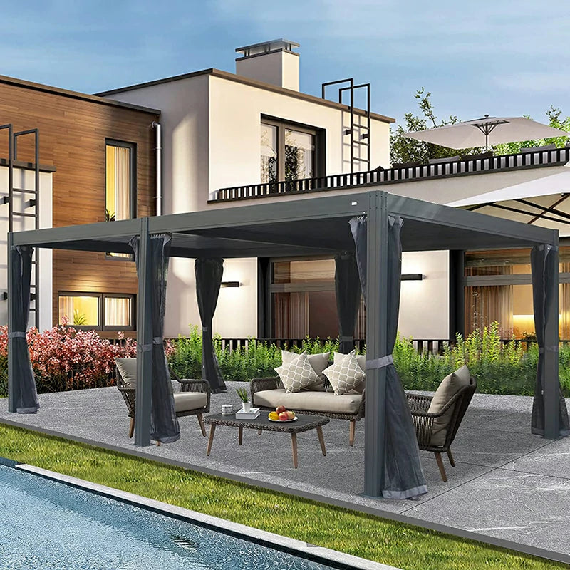 Domi Outdoor Living Louvered Pergola Dark Gray with Galvanized Steel Roof#size_12' x 20'