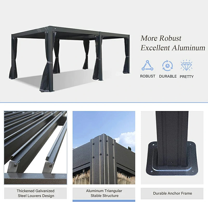 Domi Outdoor Living Louvered Pergola Dark Gray with Galvanized Steel Roof#size_12' x 20'