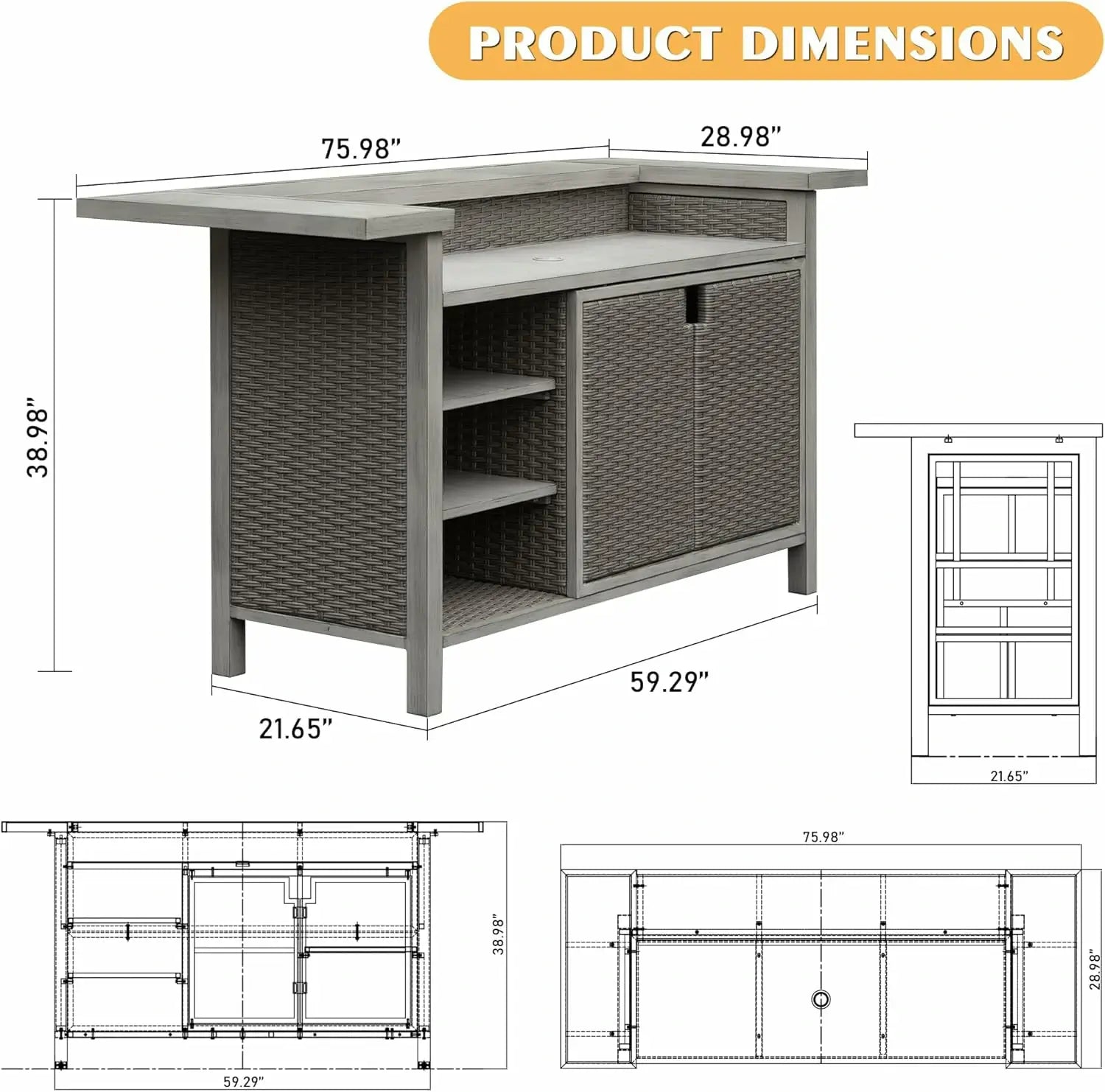 Modern Aluminum & Wicker Outdoor Bar Table - Gray