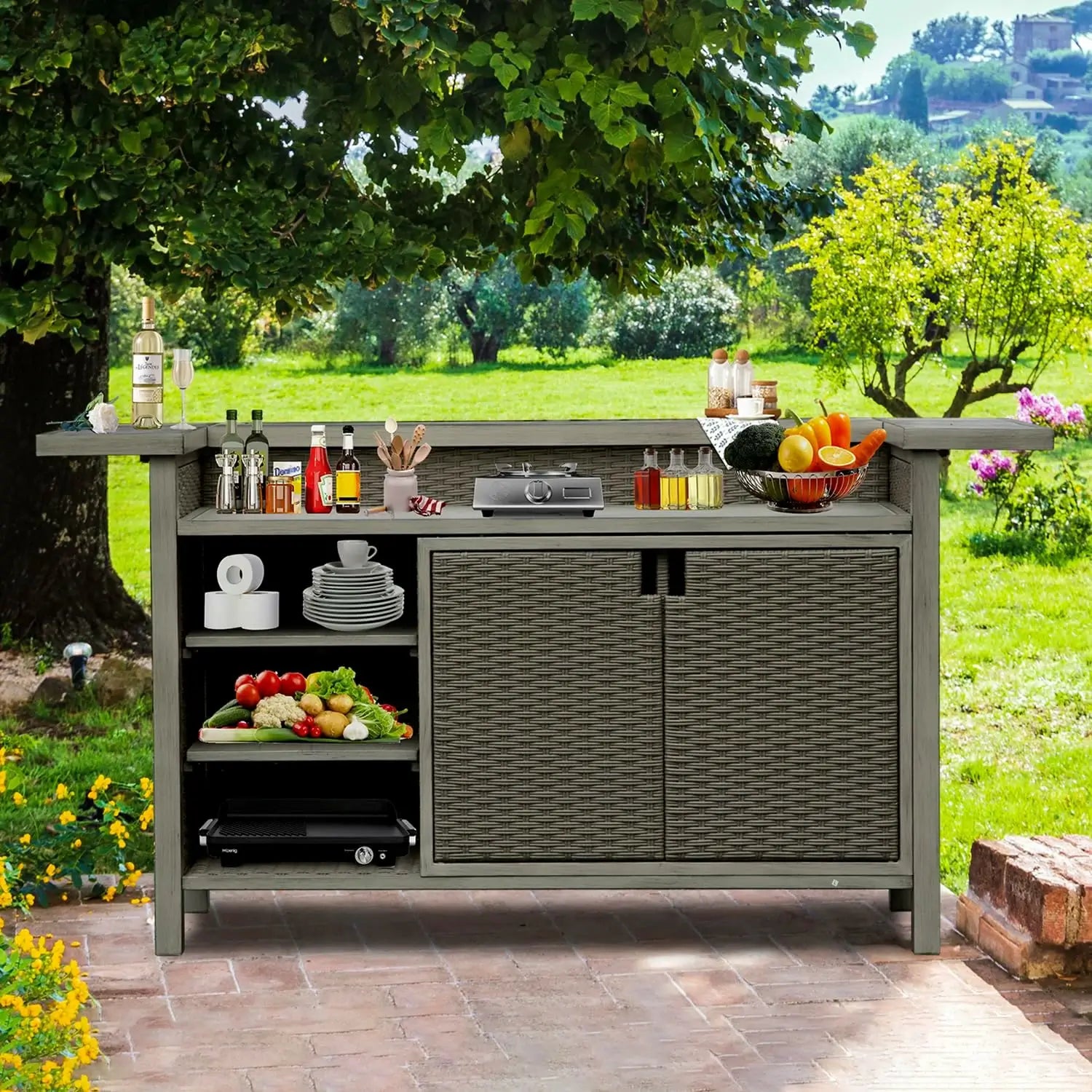 Modern Aluminum & Wicker Outdoor Bar Table - Gray