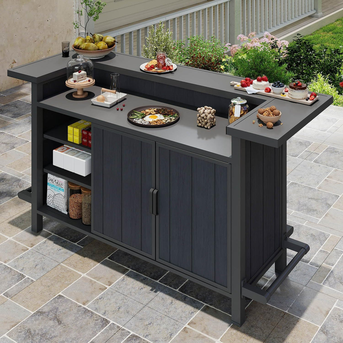 keter patio umbrella base table Domi Outdoor Aluminum Bar Table with Storage & Umbrella Hole