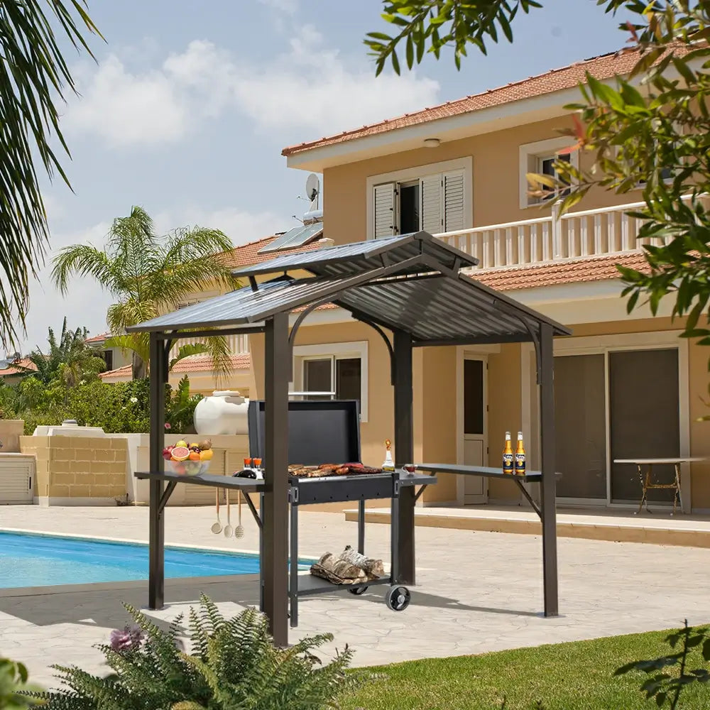 Domi Outdoor Living Outdoor Grill Gazebo Gable Roof#color_Brown