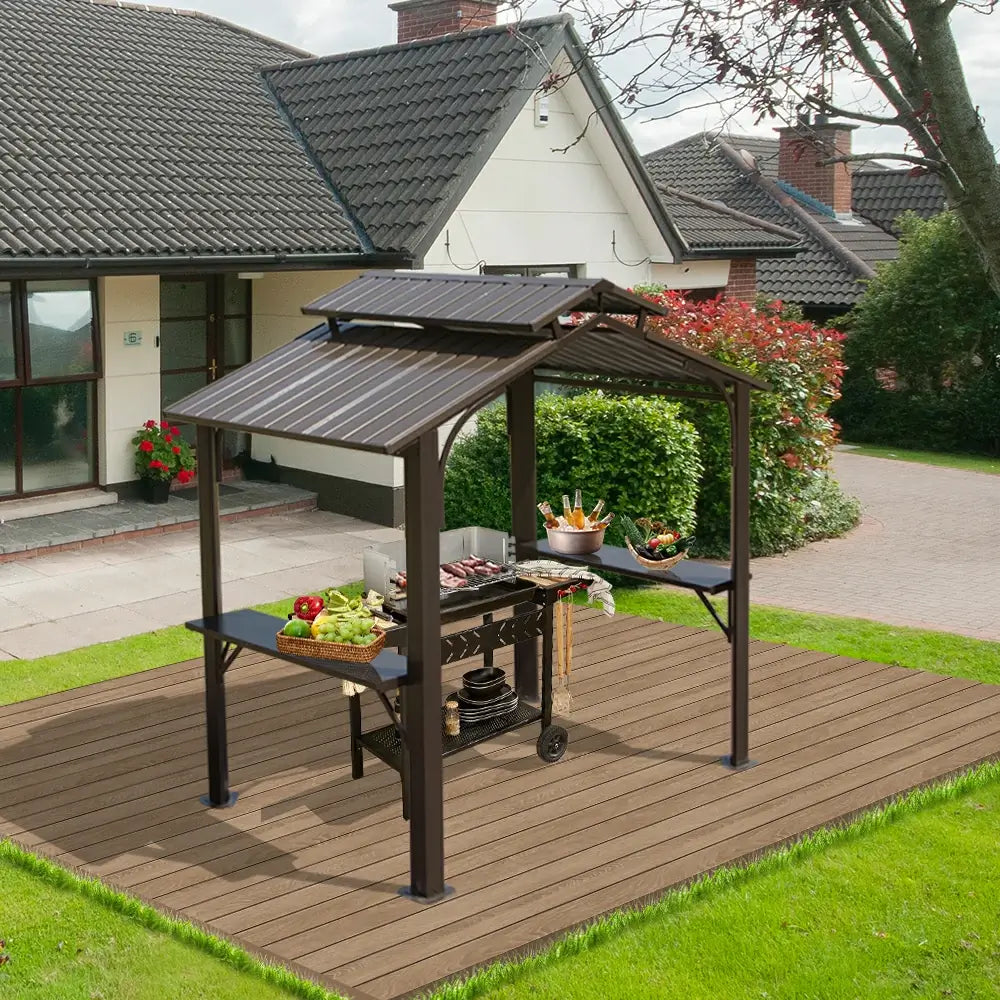Domi Outdoor Living Outdoor Grill Gazebo Gable Roof#color_Brown