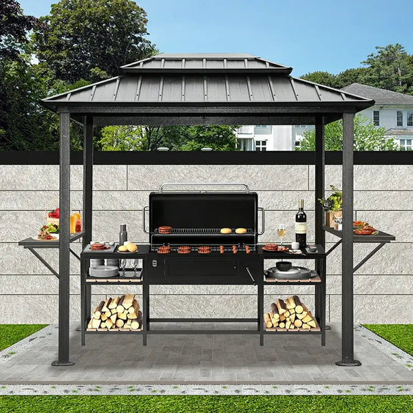 Domi Outdoor Living Gazebo 8' × 6', Aluminum BBQ Hardtop Gazebos Shelves Serving Tables