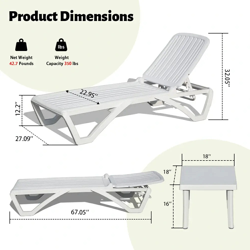Domi White Plastic Patio Chaise Lounge Set#Set Option_2 Chairs and 1 Table