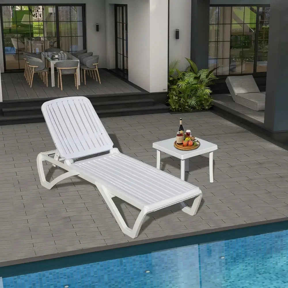 Domi White Plastic Patio Chaise Lounge Set#Set Option_1 Chair and 1 Table
