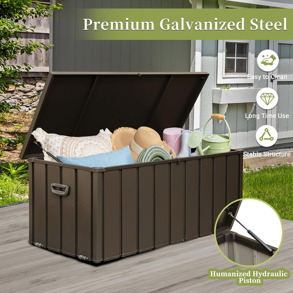 Large Outdoor Steel Waterproof Storage Box, Garden Lockable Deck Bin - 120 Gallon - Dark Brown