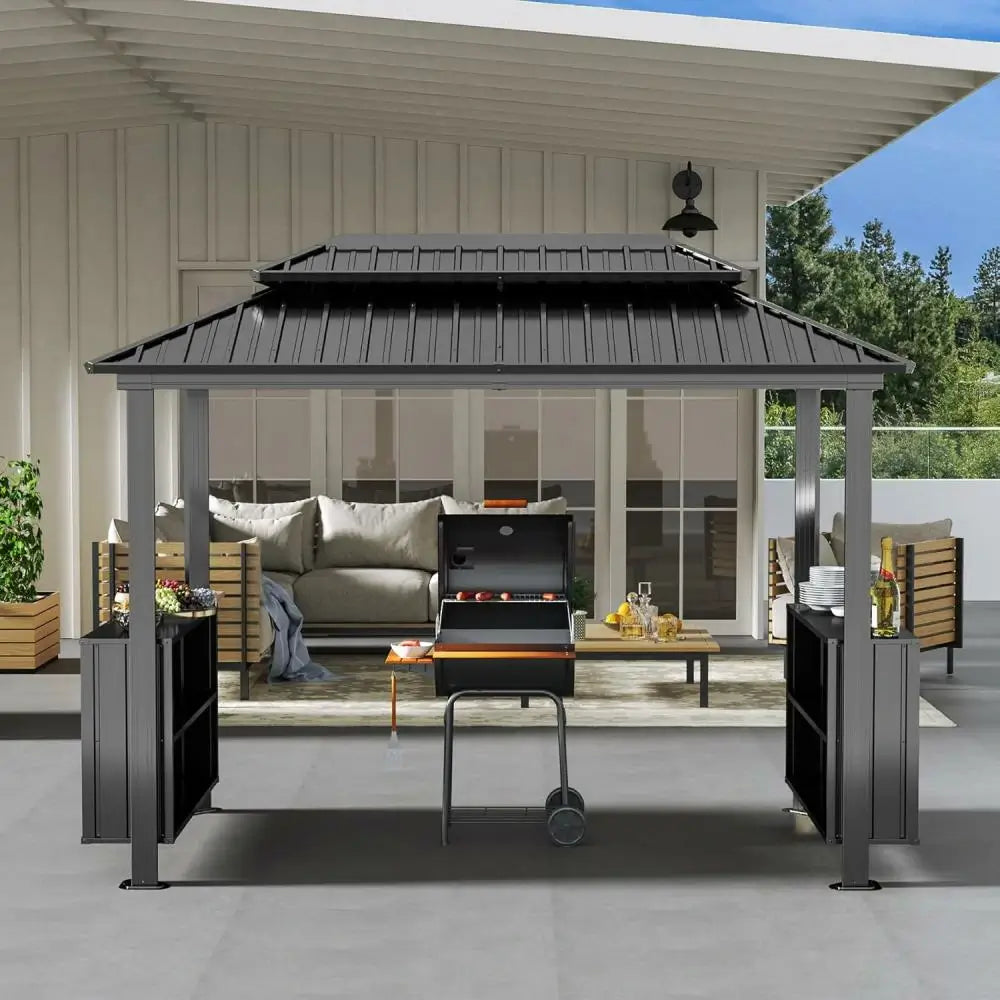 Domi Outdoor Living Hardtop Grill Gazebo with 2 Storage Cabinets#color_Gray