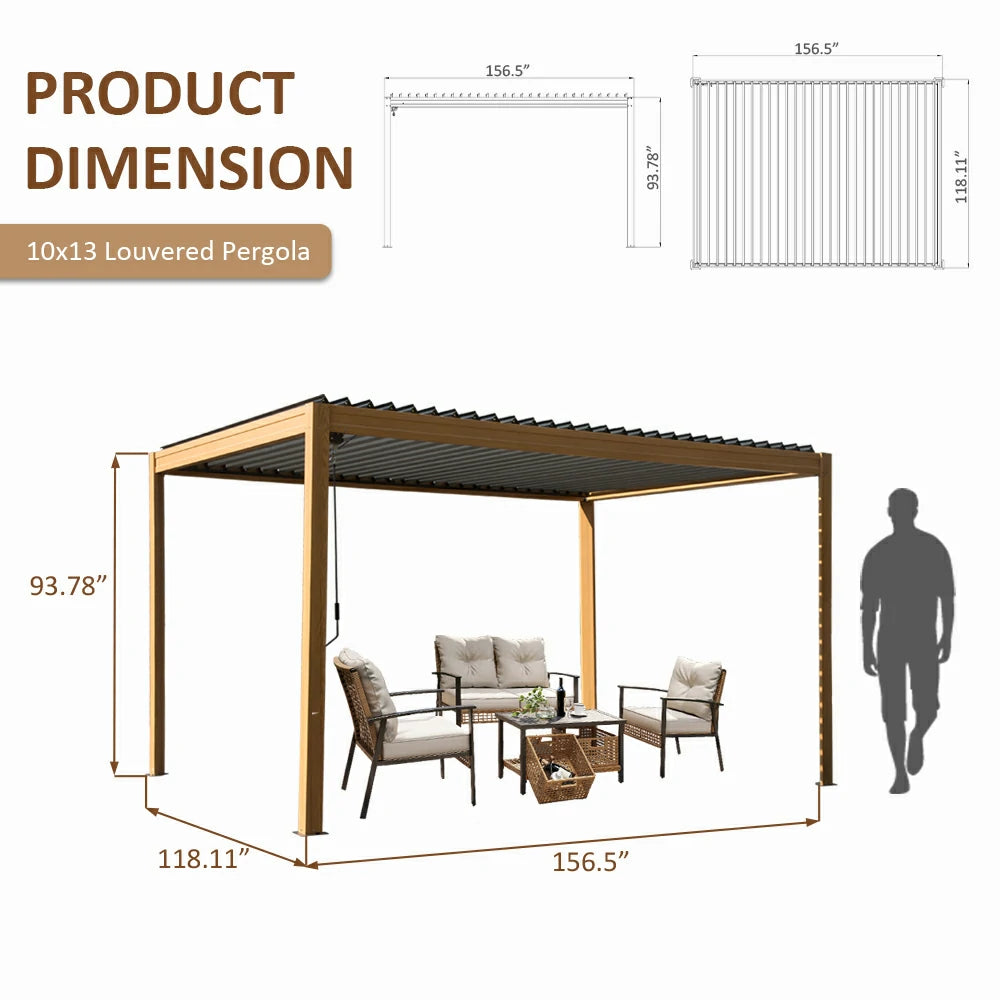 domi louvered pergola metal wood-looking#size_10'x13'