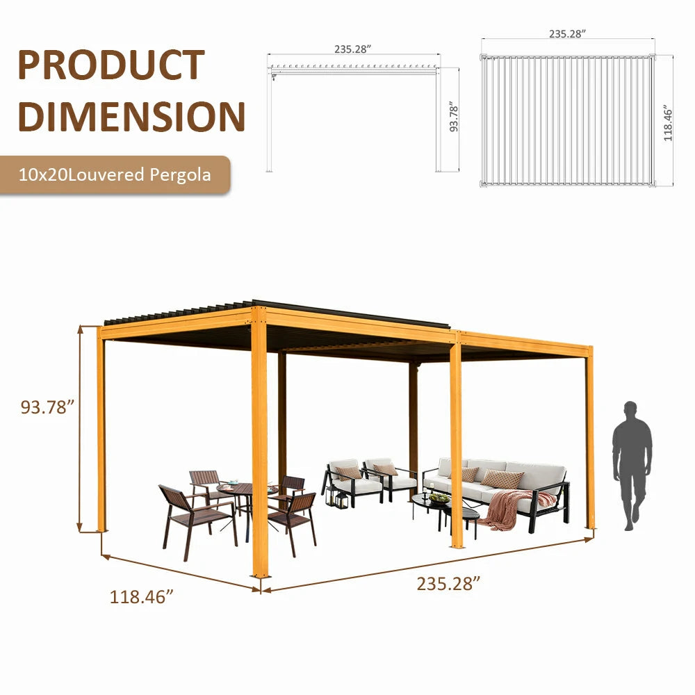 domi louvered pergola metal wood-looking#size_10'x20'