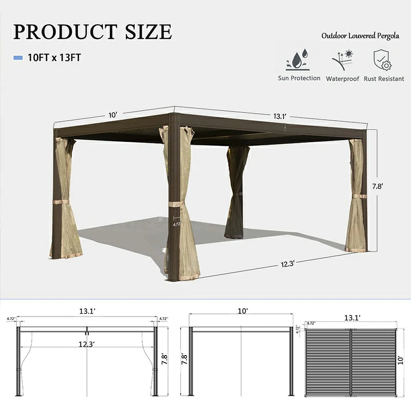 Domi Outdoor Living Louvered Pergola brown with Galvanized Steel Roof#size_10'x13'