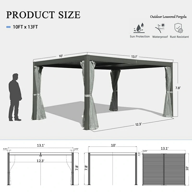 Domi Outdoor Living Louvered Pergola Dark Gray with Galvanized Steel Roof#size_10' x 13'