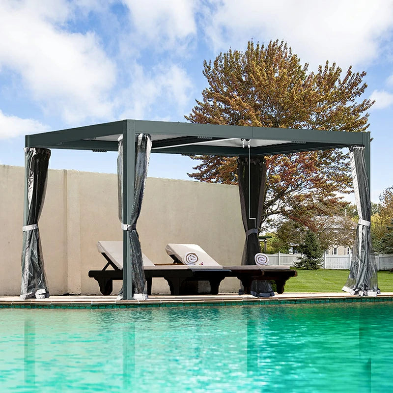 Domi Outdoor Living Louvered Pergola Dark Gray with Galvanized Steel Roof#size_12' x 16'