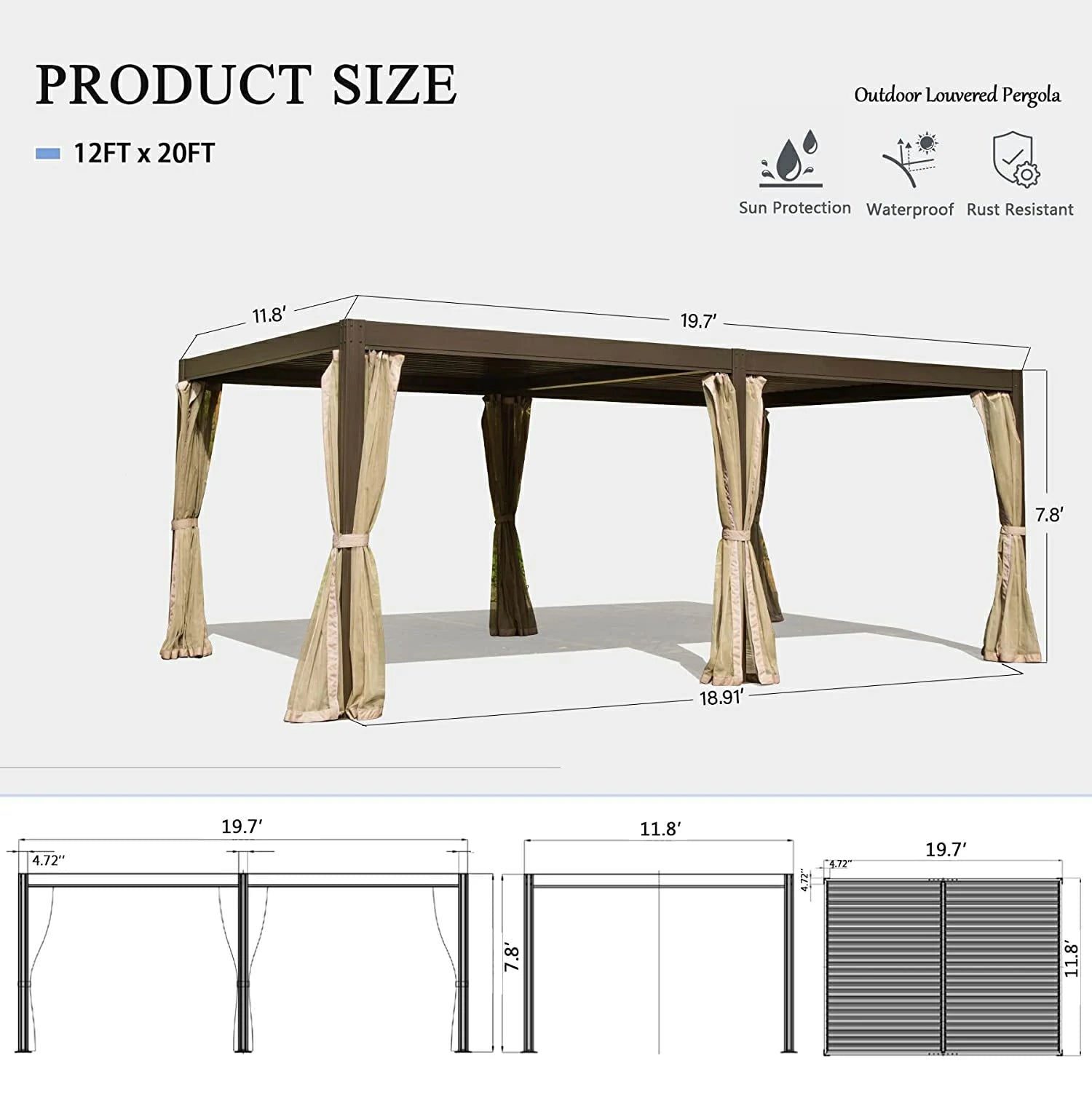 Domi Outdoor Living Louvered Pergola brown with Galvanized Steel Roof#size_12-x-20Domi Outdoor Living Louvered Pergola brown with Galvanized Steel Roof#size_12'x20'