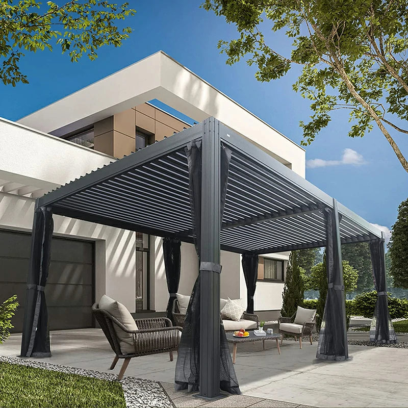 Domi Outdoor Living Louvered Pergola Dark Gray with Galvanized Steel Roof#size_12' x 20'