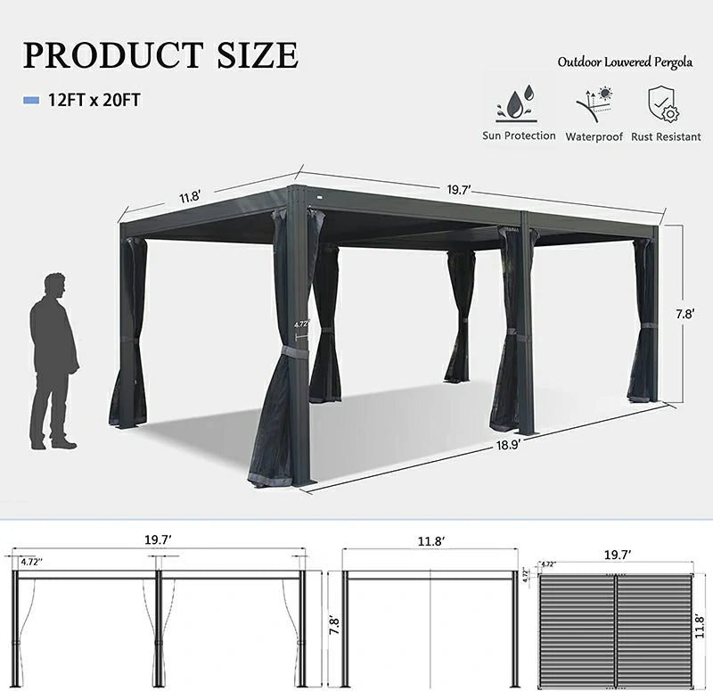 Domi Outdoor Living Louvered Pergola Dark Gray with Galvanized Steel Roof#size_12' x 20'